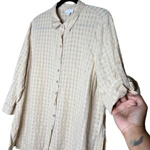 J Jill Women XL Petite Button Down Shirt Beige Textured Gingham Cotton Roll Tab